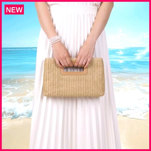 Top Handle Straw Clutch Purse with Detachable Shoulder Strap 11.3x7.5 - Picture 4 of 8